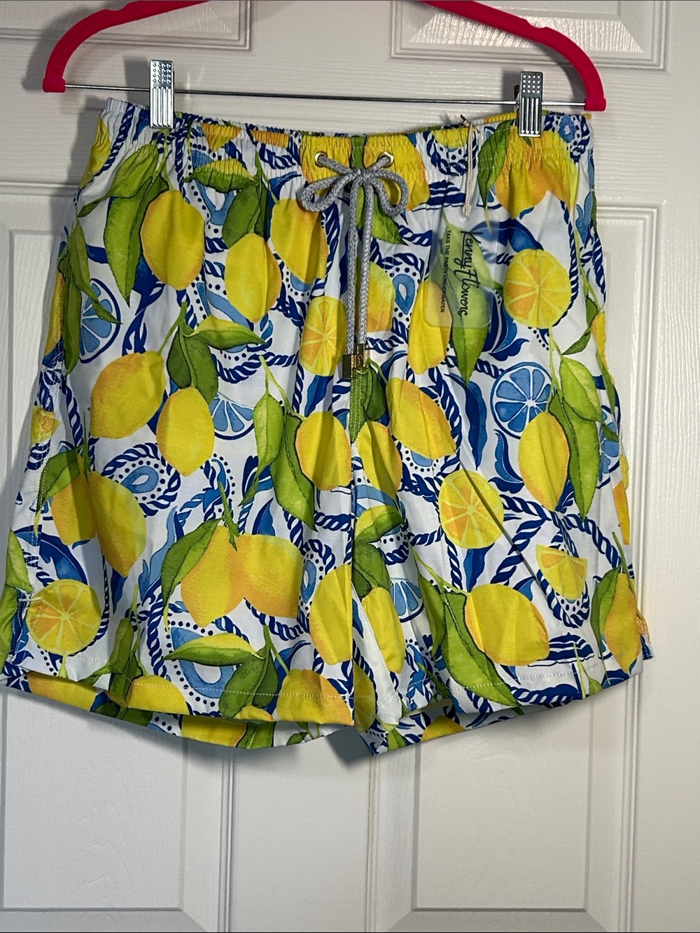 Kenny Flowers The Bossitano Lemon Print Swim Trunks in Yellow, Blue and Green